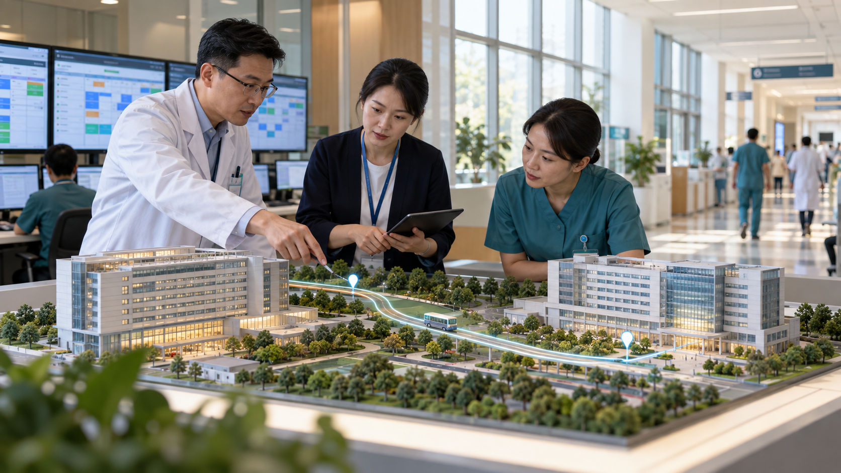 医院运营团队在跨院区地图和诊室流程节点前协调健康体重管理门诊排班