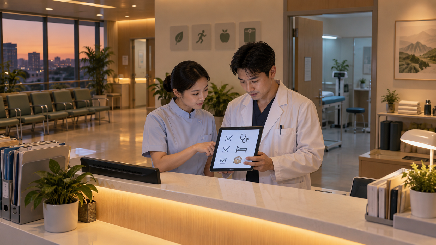 日终时两名门诊工作人员在空候诊区核对无文字交接板和次日路线的写实编辑画面